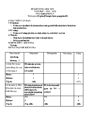 Đề kiểm tra học kì 1 môn Lịch sử khối 9- Năm học 2021-2022
